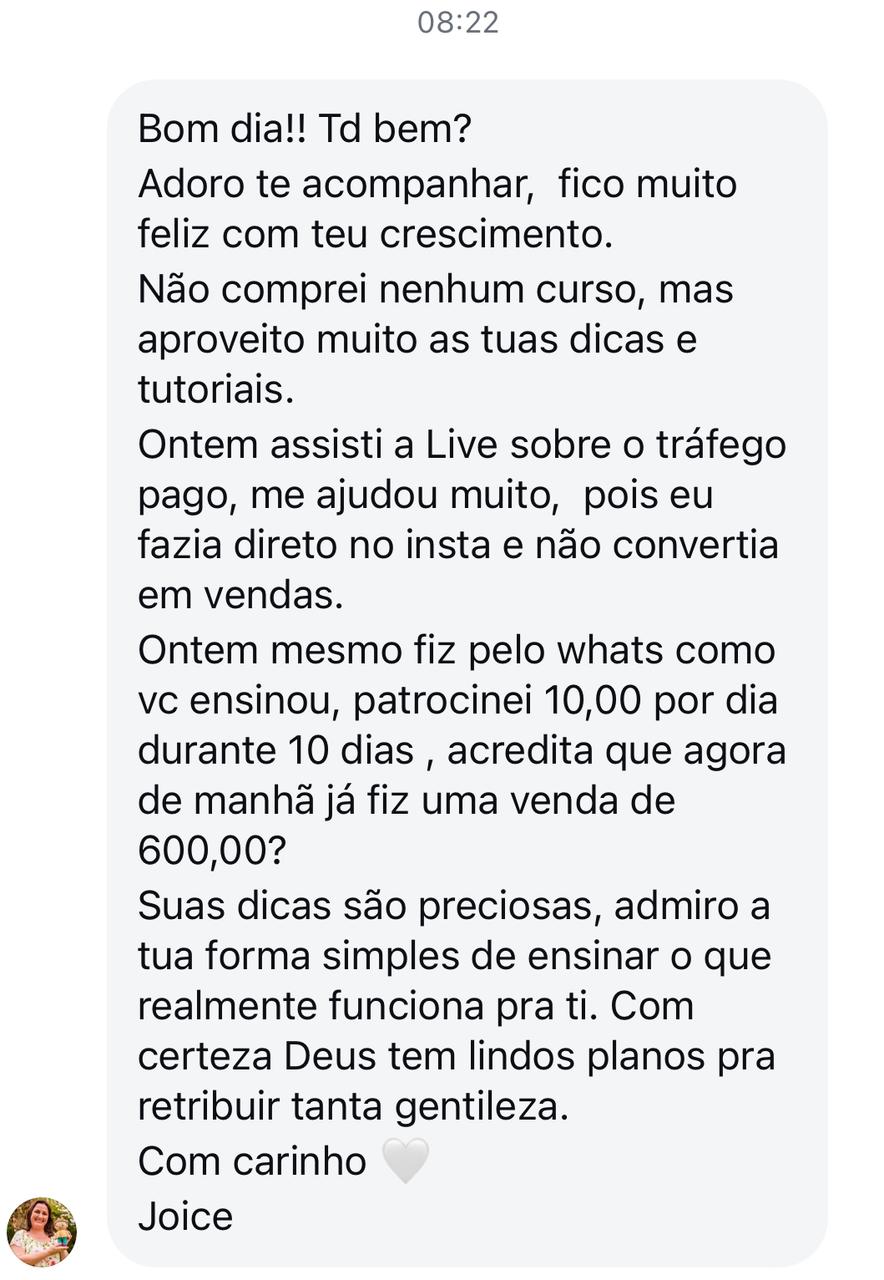 Depoimento da aluna Joice no WhatsApp