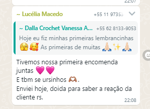Depoimento de aluna no WhatsApp sobre primeira encomenda